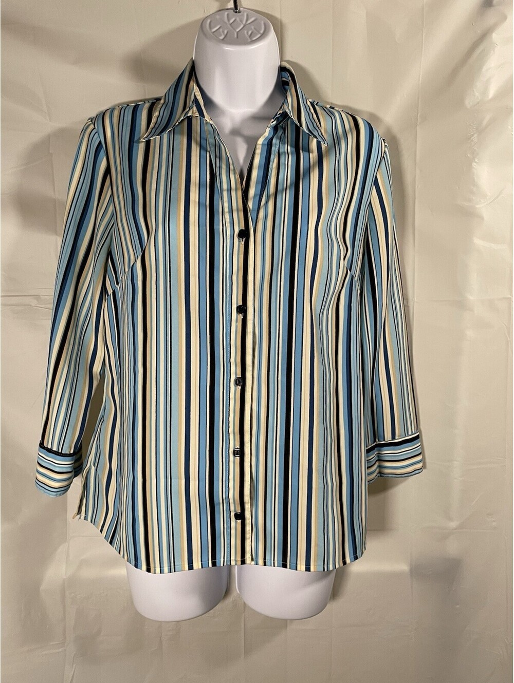 Notations Striped Blouse Small Blue Yellow Black Vertical Stripe Button Up Shirt